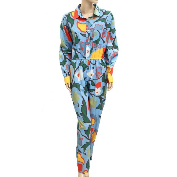 Rhode Resort Tara Jumpsuit Rainbow Floral Printed Collared Cotton L NEW 281977 - Picture 1 of 7